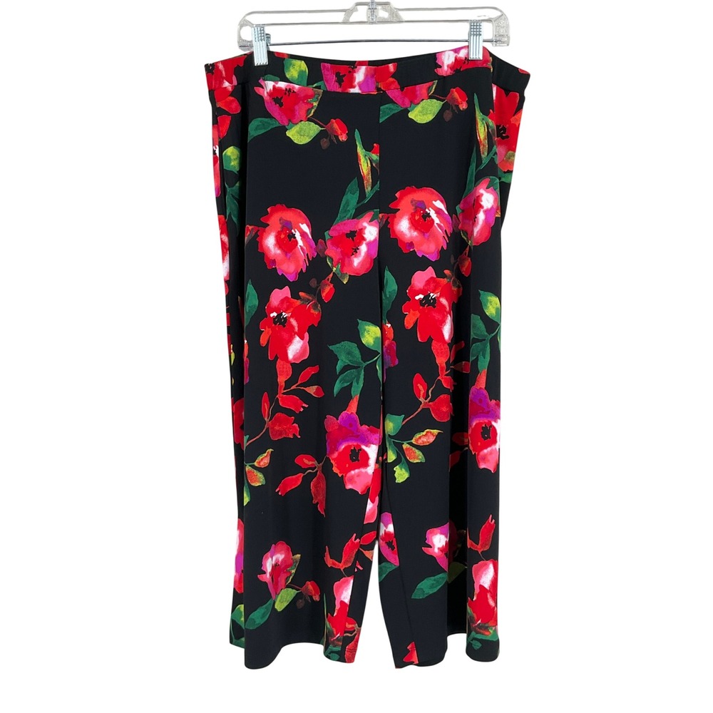 Susan Graver Wide Leg Pants Womens Sz L Black Floral Stretch Bloomcore Whimsical